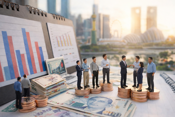 Miniature business people standing on coins with financial charts and Singapore skyline, representing investment growth and wealth planning.