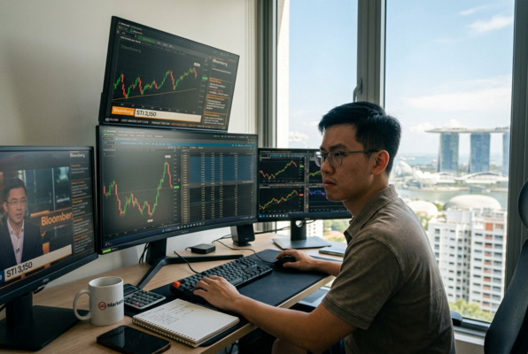 Trader monitoring multiple screens with stock charts and market data, actively trading from home office with city view.