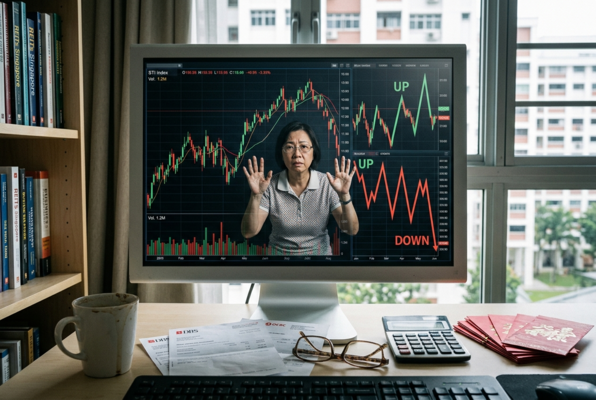 Woman analyzing stock market charts on computer screen with up and down trends, illustrating trading decisions and market volatility.