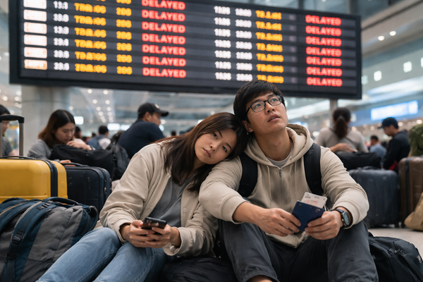 Frustrated travelers waiting at airport with delayed flights on departure board, highlighting travel disruption and trip delay issues