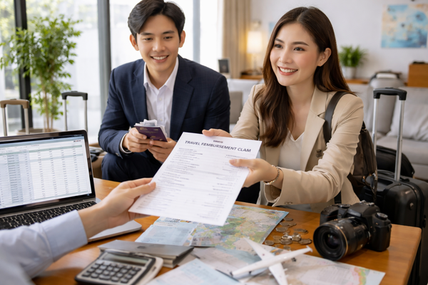 Couple submitting travel insurance reimbursement claim with documents, receipts, and passport, illustrating trip cancellation coverage and claims process