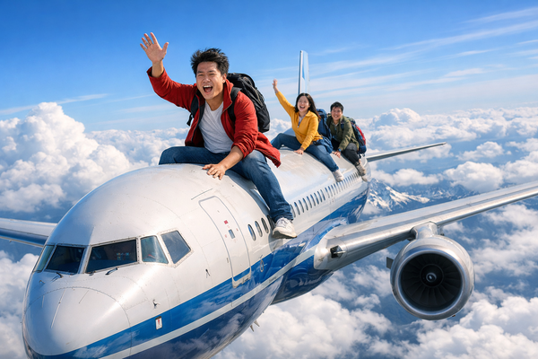 Happy travelers riding on airplane above clouds, representing dream vacations, travel planning, and insured trips