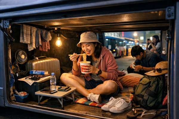 Backpacker eating instant noodles in van setup, showing budget travel lifestyle and cost-saving travel experiences