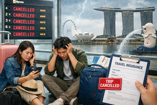 Stressed couple facing trip cancellation with travel insurance document and cancelled flight board, highlighting importance of travel insurance protection