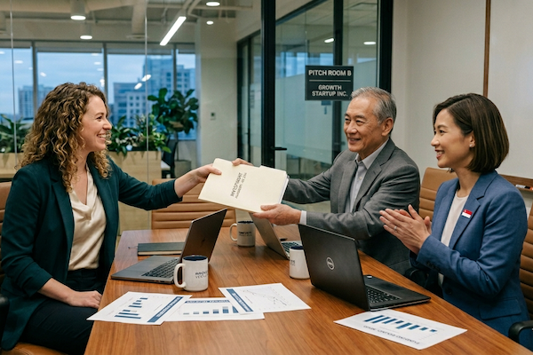 Startup founder pitching business proposal to investors in Singapore office meeting room with laptops and documents