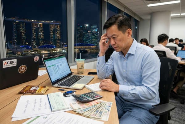Entrepreneur stressed over finances calculating expenses with laptop, cash and receipts in Singapore office at night