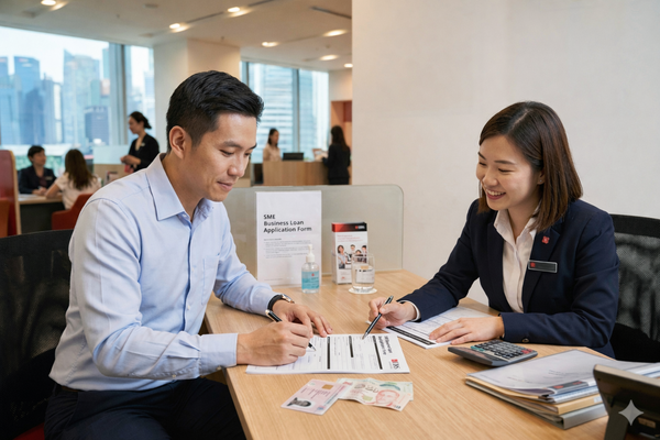 Entrepreneur applying for SME business loan with bank officer in Singapore, signing documents with cash on table
