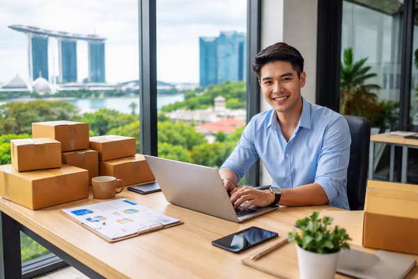 Small business owner managing online store with laptop and packaging boxes overlooking Singapore skyline