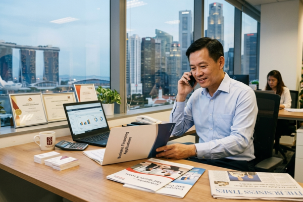 Business owner reviewing financing documents and reports while talking on phone in Singapore office with city view
