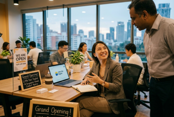 Startup team collaborating in co-working space in Singapore with laptop, signage and city skyline in background