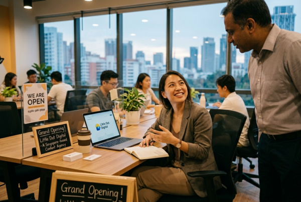 Startup team collaborating in co-working space in Singapore with laptop, signage and city skyline in background