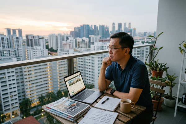 Man working on a laptop on a balcony with a cityscape view in the background.