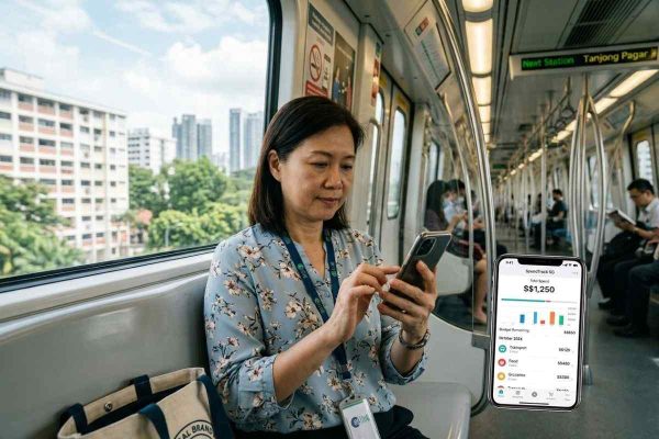 Woman checking budgeting app on smartphone while riding Singapore MRT train