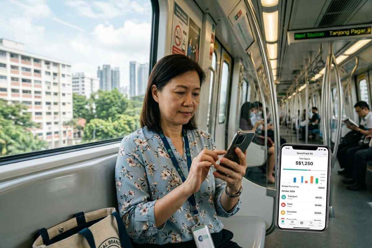 Woman checking budgeting app on smartphone while riding Singapore MRT train