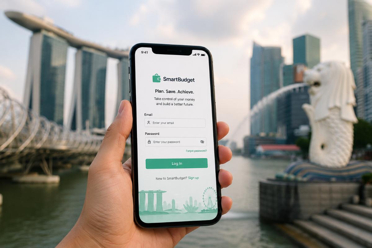 Hand holding SmartBudget budgeting app login screen with Singapore skyline and Merlion in background