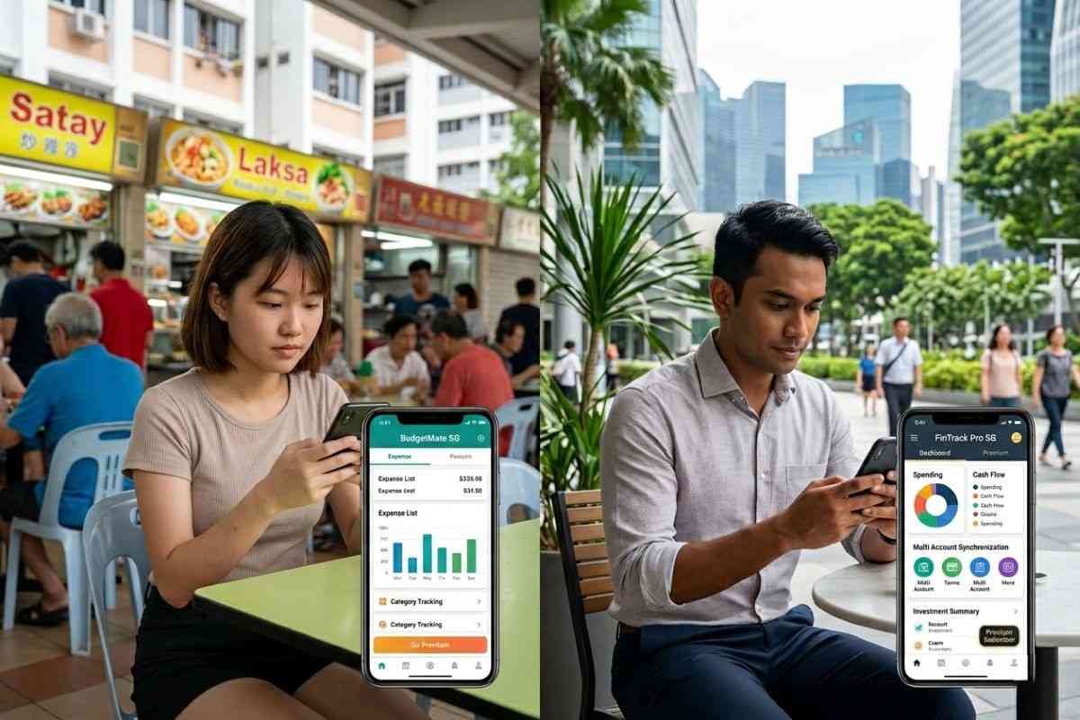Two people using budgeting apps on smartphones at a hawker center and outdoor café in Singapore