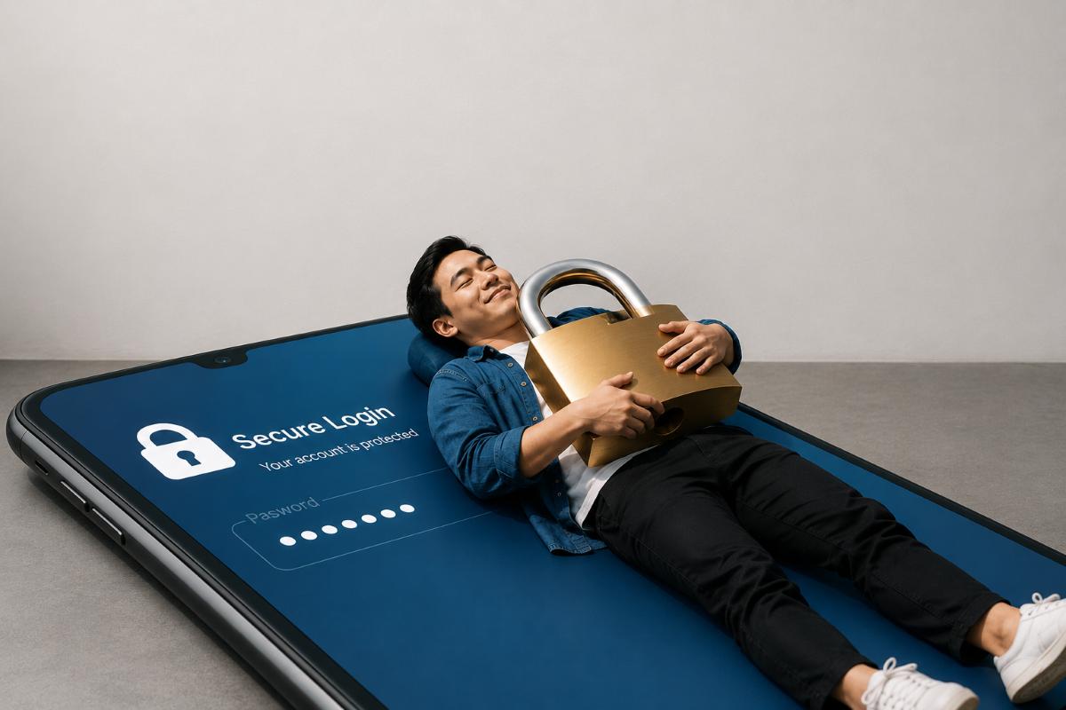 Man lying on oversized smartphone holding giant padlock beside budgeting app secure login screen illustration