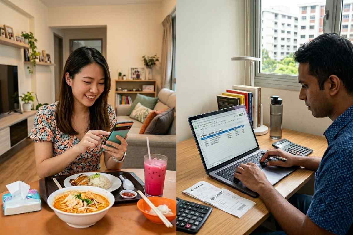 Woman using a budgeting app on her phone while dining at home as man reviews expenses on laptop spreadsheet