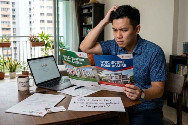 A confused man comparing home insurance Singapore options, reading brochures and thinking about coverage.