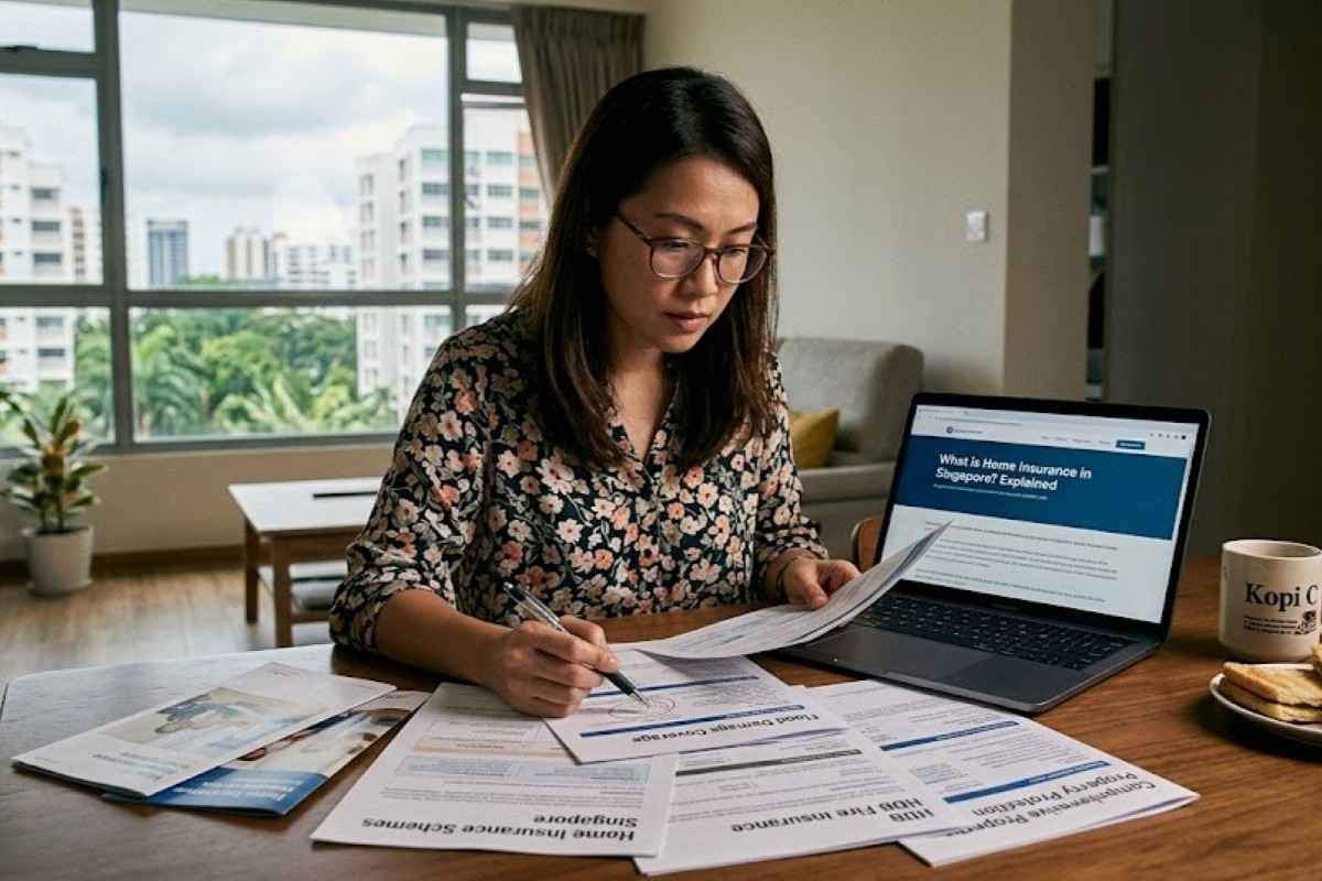 A woman analysing documents about home insurance in Singapore and its coverage at table with a laptop.