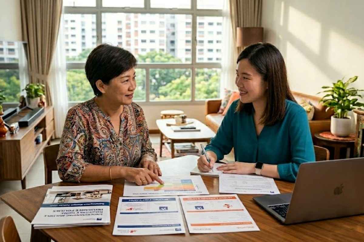 Consultation scene showing home insurance in Singapore review between two women with forms, a laptop, and policy brochures on the table.