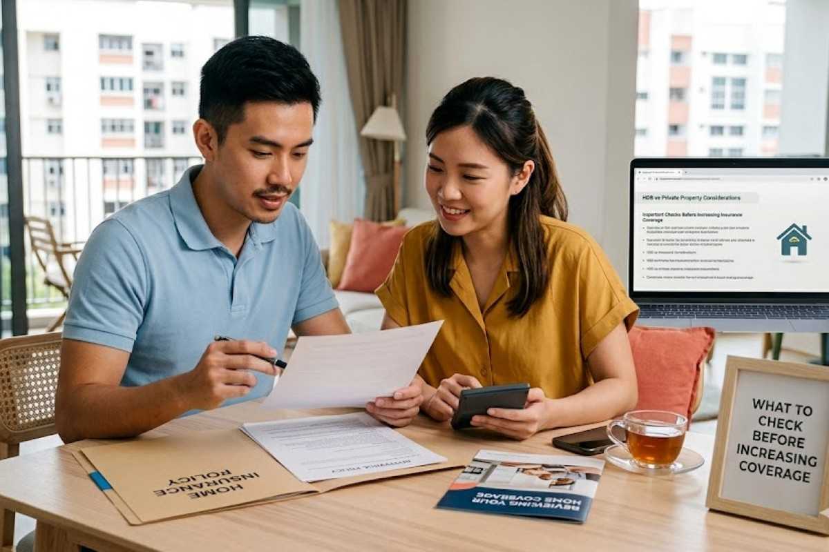 Man and woman carefully reviewing forms and laptop content as they evaluate home insurance coverage in Singapore for their apartment.