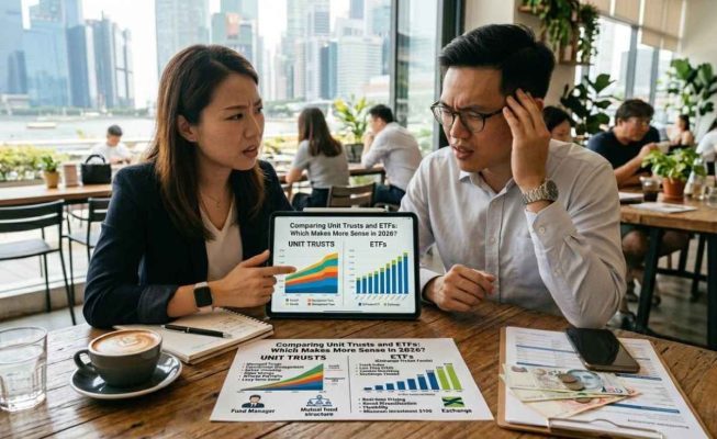 A businessman and woman evaluating financial graphs on a tablet, concentrating on the comparison between unit trusts and ETFs.