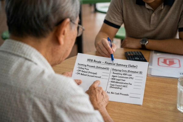 Two men sitting at a table, examining a paper with a sign displayed on it.