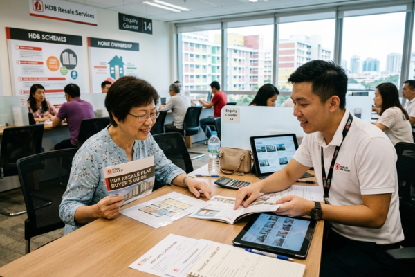 A man and woman sit at a table, focused on a laptop, engaged in discussion or collaboration.