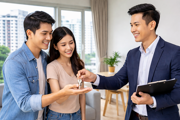Asian couple discussing home purchase with a real estate agent in a bright, welcoming office setting.