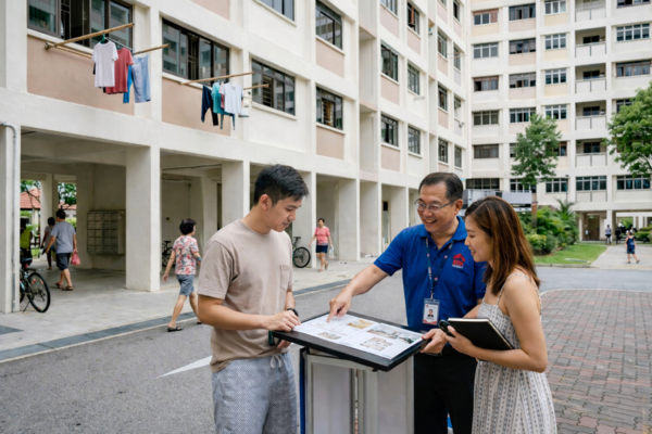 A man and woman stand in front of a building, holding a laptop and discussing something on the screen.