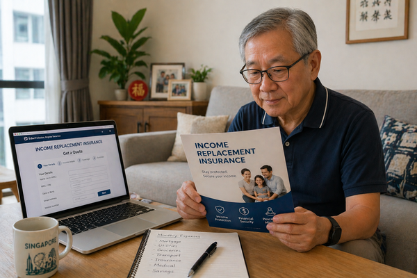 An older man sitting at a table, intently reading an insurance brochure with a thoughtful expression.