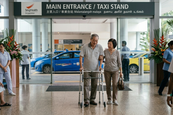 Elderly couple walking hand in hand through a hospital lobby, surrounded by bright lighting and modern decor.
