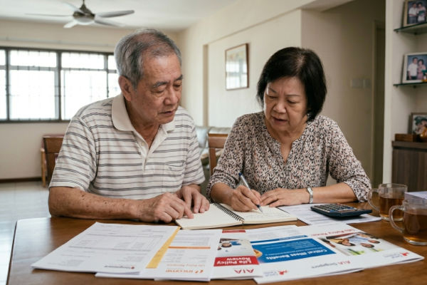 An older couple sits at a table, reviewing papers and writing with a pen.