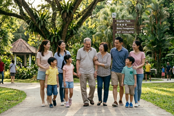 A family of four walking together in a sunny park, enjoying time outdoors amidst green trees and grass.