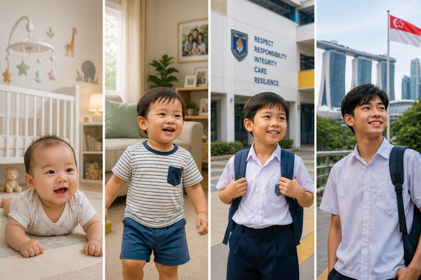 Four images of children smiling in front of a school building, showcasing their excitement and school spirit.