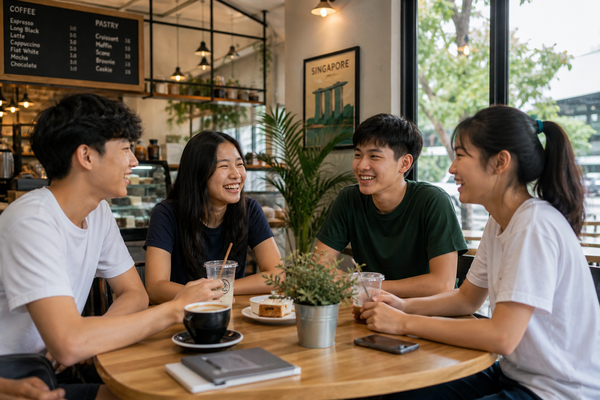 Asian friends engaged in a lively conversation while sitting at a cafe table, surrounded by coffee cups and pastries.