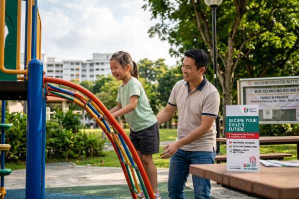 A man and a young girl joyfully playing together on a colorful playground, surrounded by swings and slides.