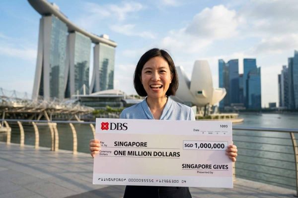 Smiling Asian woman holding a DBS Singapore Gives SGD 1 million cheque at Marina Bay Sands waterfront in Singapore financial district.