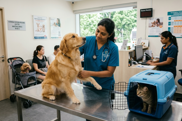 A woman in a blue uniform gently pets a dog, showcasing a moment of affection and connection between them.