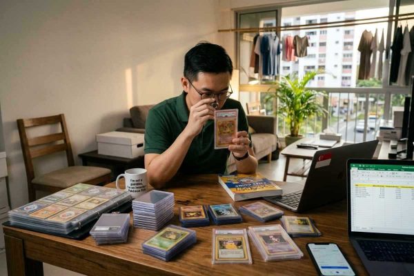 Pokémon card investor reviewing graded Charizard Pokémon card with trading card portfolio, PSA slabs, and collection management workspace.