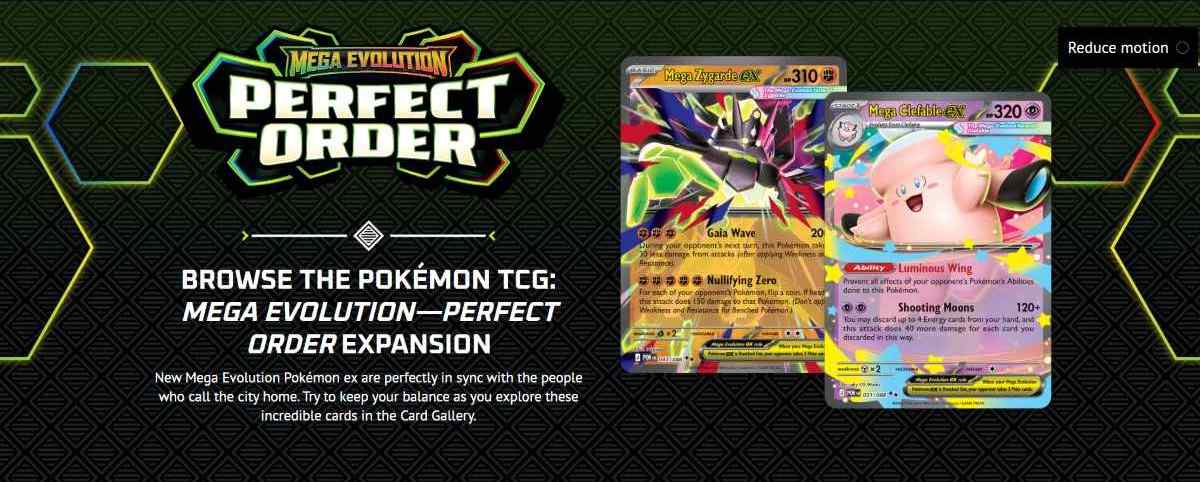 Promotional banner for the Pokémon TCG: Mega Evolution Perfect Order Expansion featuring Mega Zygarde-EX and Mega Clefable-EX cards against a dark, geometric background.