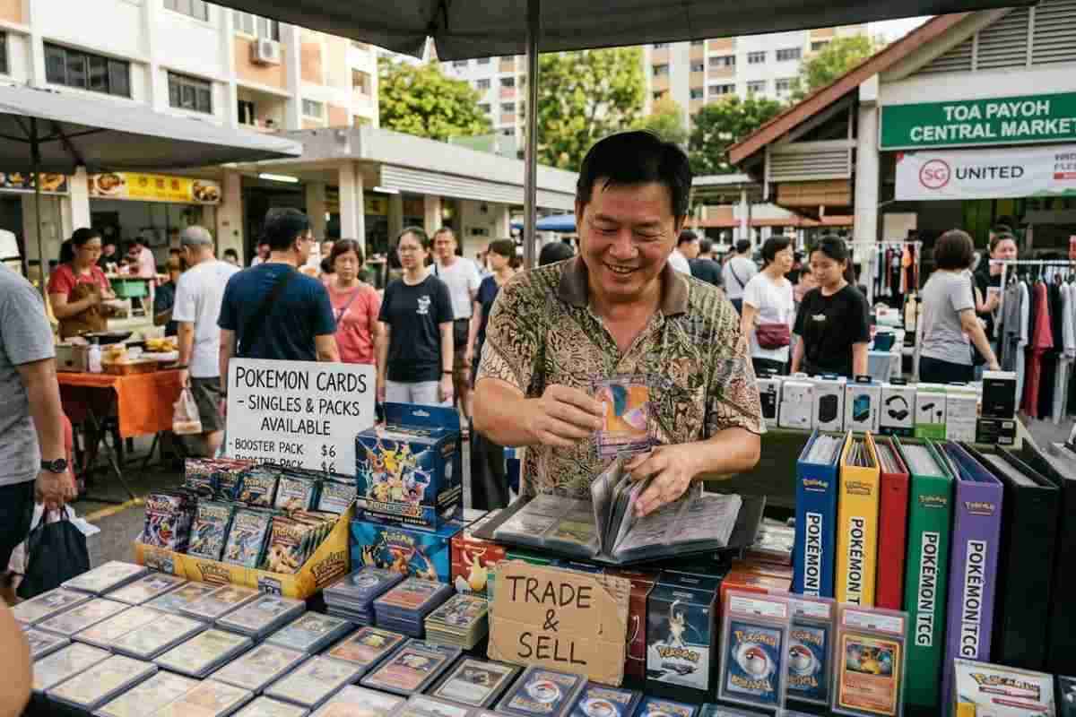 A smiling vendor at an outdoor market in Singapore displays various Pokémon trading cards, including singles and booster packs, on a table in front of a crowd.