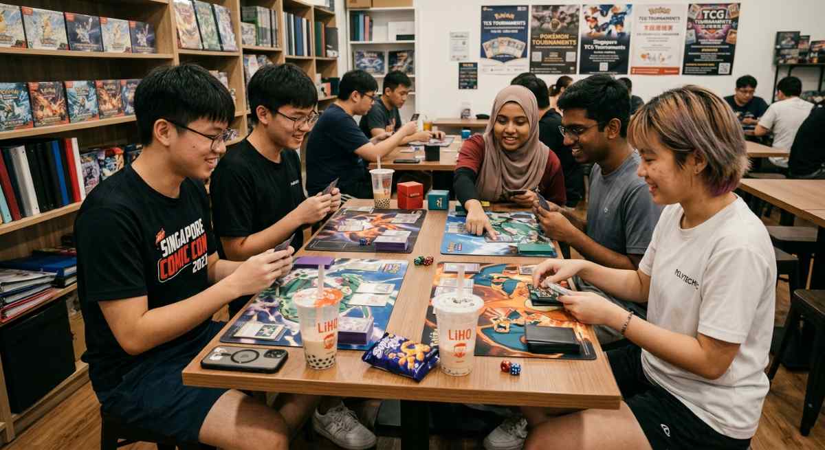 Four young adults play trading card games at a table with bubble tea in a store lined with shelves of comics and gaming merchandise.