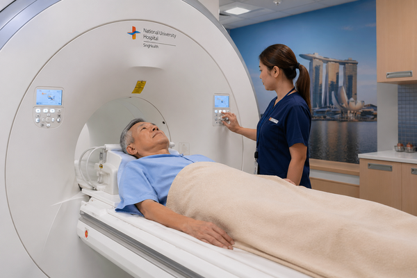 A woman examines an elderly man inside an MRI machine, focusing on the imaging process.