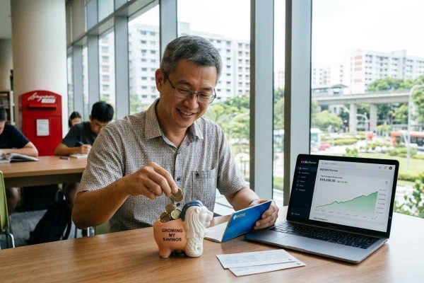 Man adding coins into a piggy bank beside a laptop while planning a CPF top up for long-term retirement savings