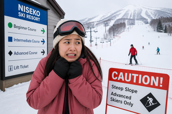 Nervous beginner skier at Niseko resort looking at caution sign for advanced slope in snowy conditions