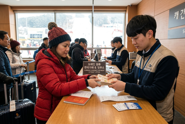 Traveler exchanging money at airport counter before ski trip, holding passport and foreign currency