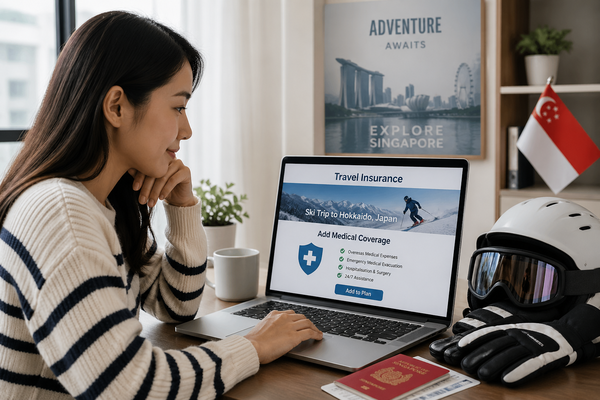 Woman reviewing ski trip travel insurance policy with medical coverage on laptop, passport and ski gear nearby