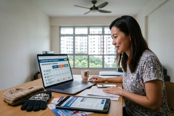 Woman in Singapore comparing ski travel insurance plans on laptop at home, preparing for winter holiday trip